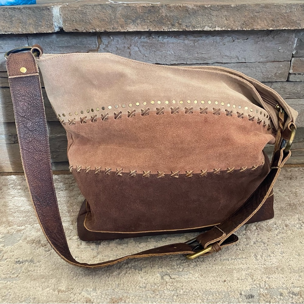 Anabaglish Sundance Colorblock Tan Brown Leather Suede Handbag Shoulder Purse